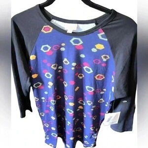 Lularoe Medium blue geometric Randy  baseball‎ T, with black sleeves .NWT.
